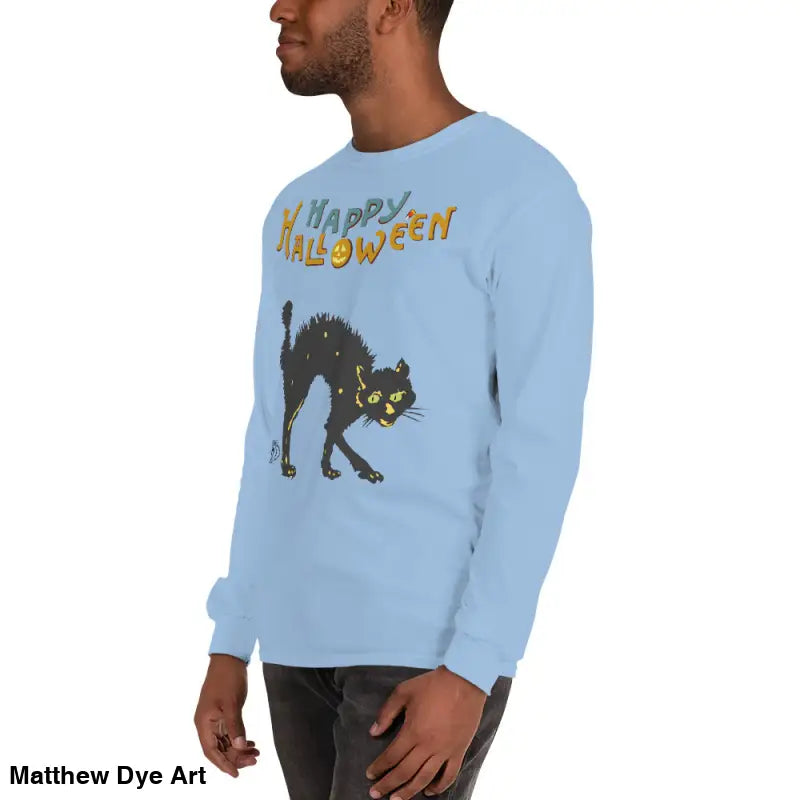 Light blue long-sleeved shirt featuring Scary Cat Halloween graphic for unisex wear