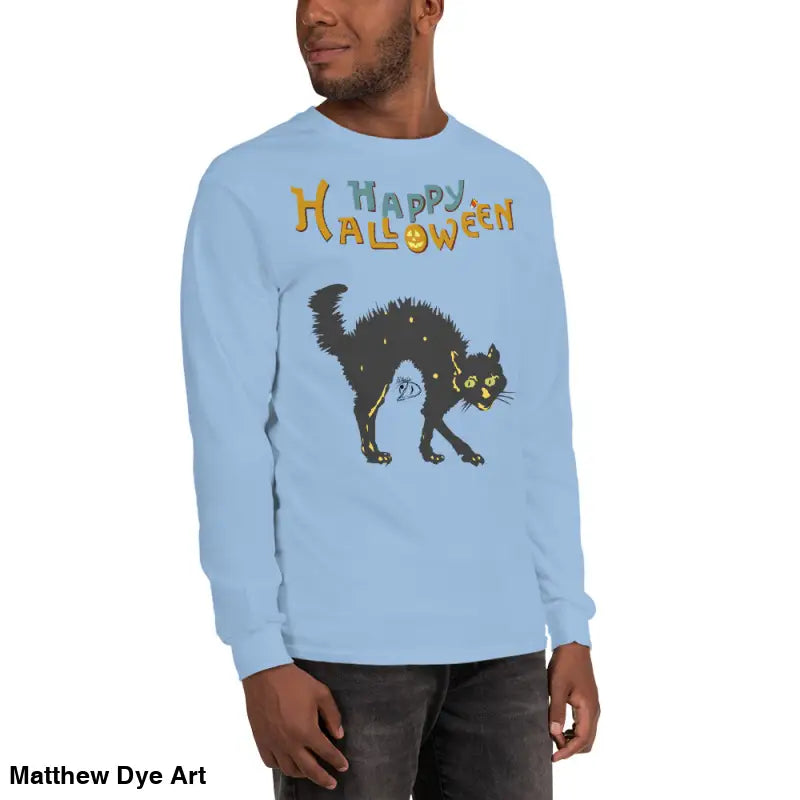 Light blue long-sleeved shirt featuring Scary Cat Halloween design for unisex wear