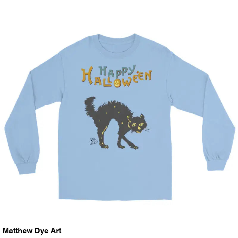 Light blue long-sleeved shirt featuring a Scary Cat design for Halloween unisex attire