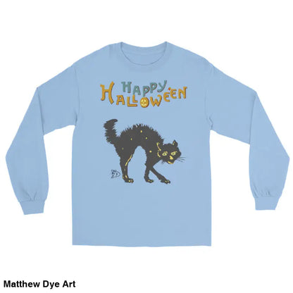 Light blue long-sleeved shirt featuring a Scary Cat design for Halloween unisex attire