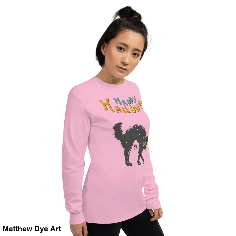 Vintage Halloween Long Sleeve Shirt featuring a Scary Cat design in pink