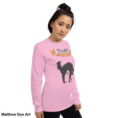 Vintage Halloween Long Sleeve Shirt featuring a Scary Cat design in pink