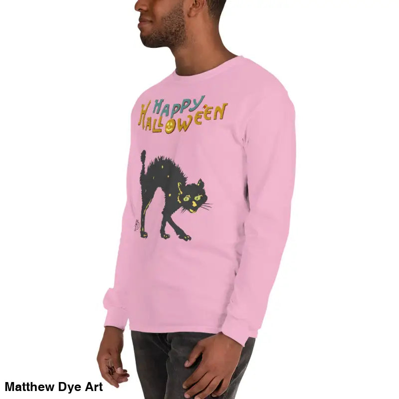 Pink long-sleeved Halloween shirt featuring a scary cat design for unisex wear