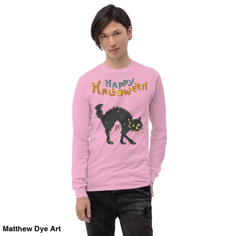 Pink long-sleeved Halloween shirt featuring Scary Cat design for a fun Halloween unisex look