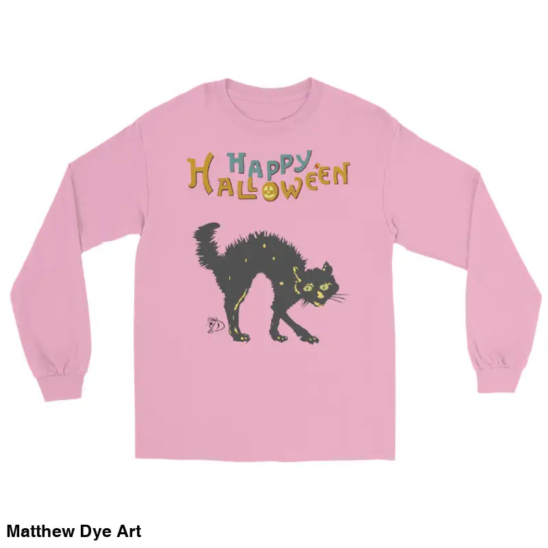 Pink long-sleeved Halloween shirt featuring a Scary Cat design, perfect for Halloween unisex wear
