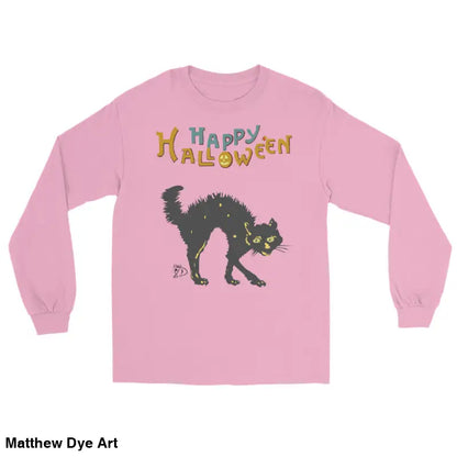 Pink long-sleeved Halloween shirt featuring a Scary Cat design, perfect for Halloween unisex wear