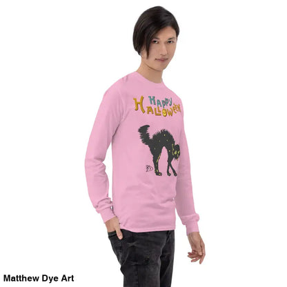 Pink long-sleeved Halloween shirt featuring a scary cat design for unisex wear
