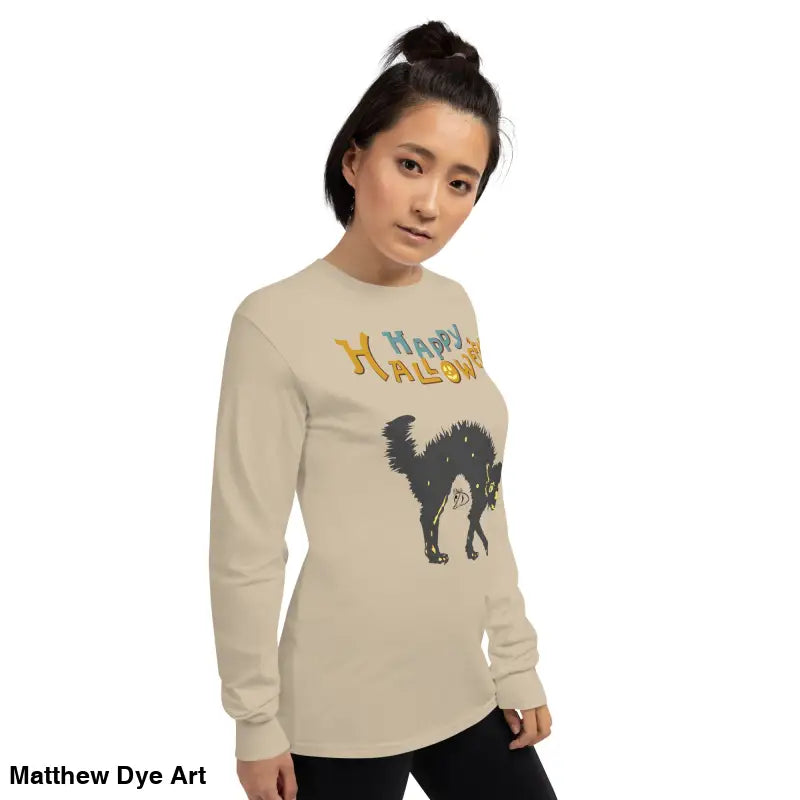 Vintage Halloween Long Sleeve Shirt featuring a Scary Cat design for cat Halloween unisex wear