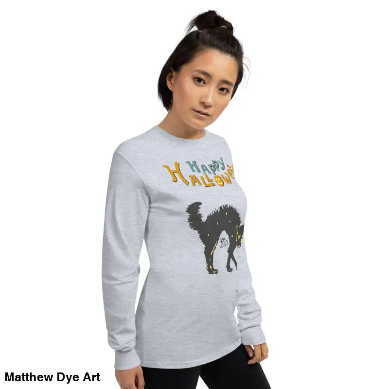 Vintage Halloween Long Sleeve Shirt featuring a Scary Cat design for unisex wear