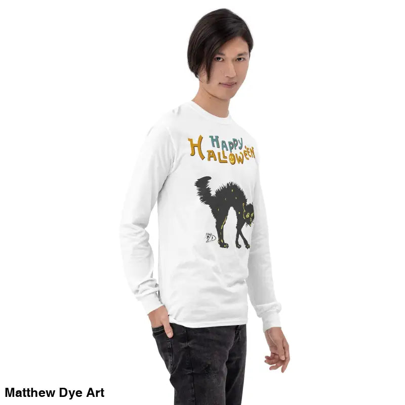 White long-sleeved Halloween shirt featuring a scary cat design for unisex wear