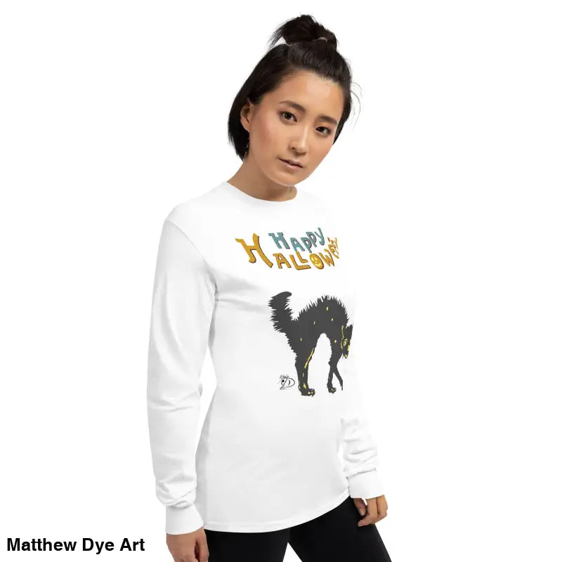 White long-sleeved Halloween shirt featuring a scary cat design for unisex wear