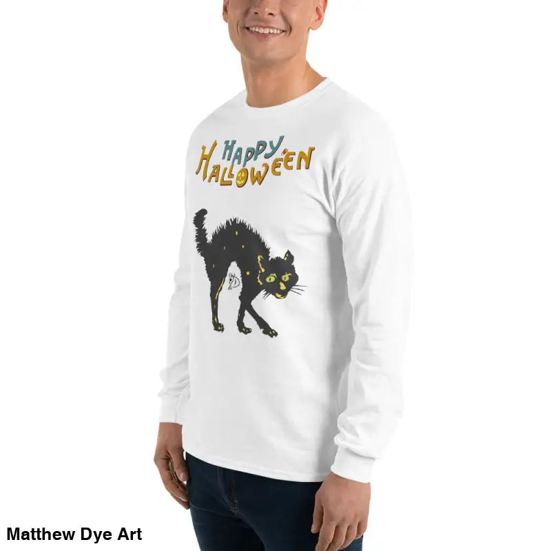 White long-sleeved shirt featuring Scary Cat Halloween design for unisex wear