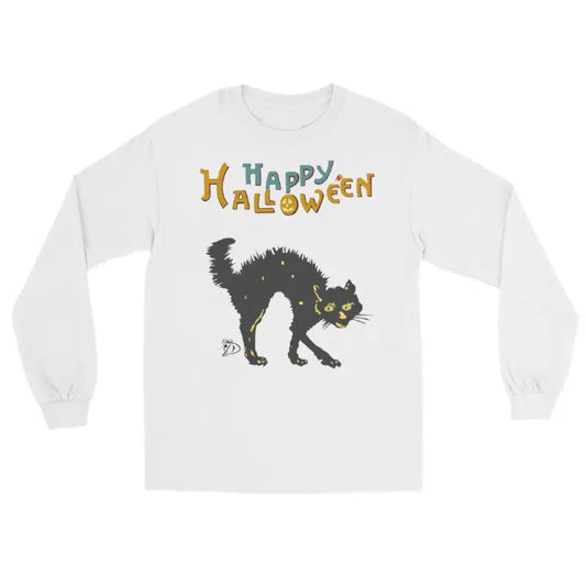 White long-sleeved shirt featuring a Scary Cat Halloween graphic, ideal for unisex wear