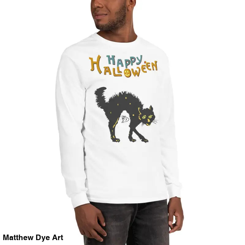 White long-sleeved Halloween shirt featuring a scary cat for unisex enjoyment