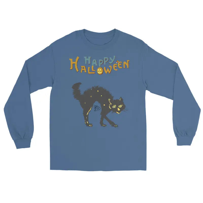 Blue long-sleeved shirt with Scary Cat Halloween design for unisex wear