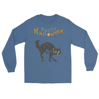 Blue long-sleeved shirt with Scary Cat Halloween design for unisex wear
