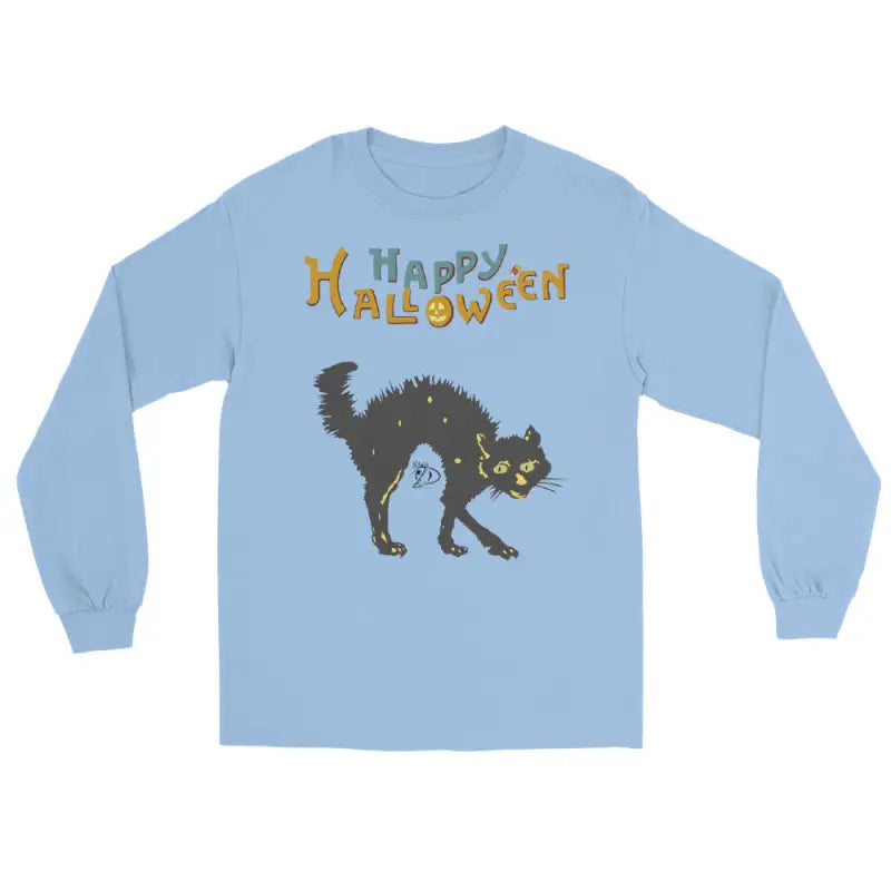 Light blue long-sleeved shirt featuring Scary Cat Halloween design for unisex wear