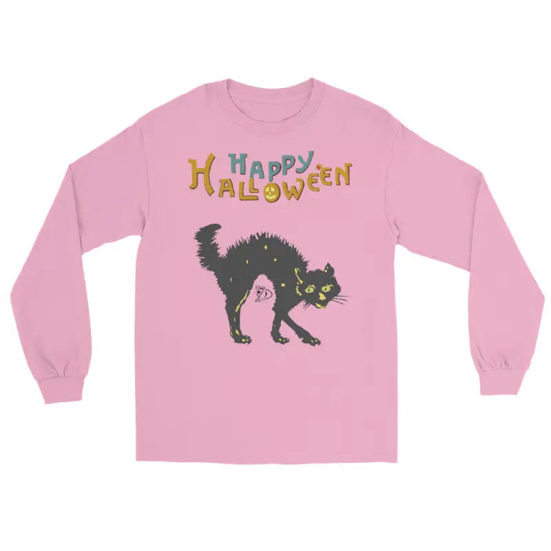 Pink long-sleeved Halloween shirt featuring a scary cat design, perfect for Halloween unisex wear