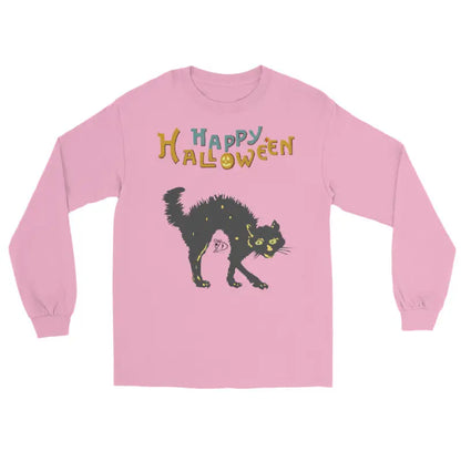 Pink long-sleeved Halloween shirt featuring a scary cat design, perfect for Halloween unisex wear