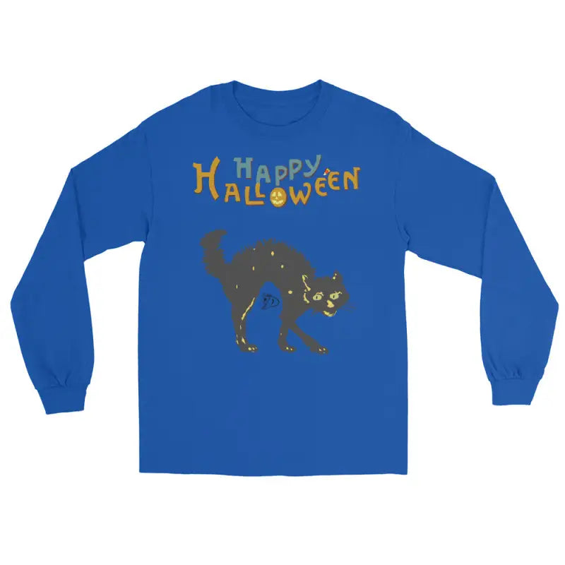 Blue long-sleeved Halloween shirt featuring Scary Cat design for unisex wear