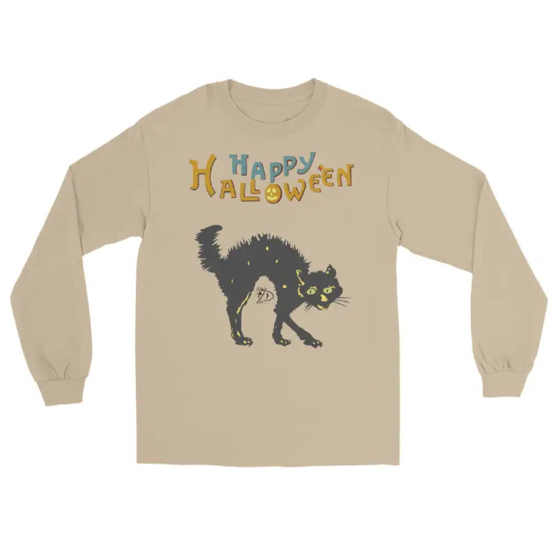 Beige long-sleeved shirt featuring a scary cat Halloween design for unisex wear