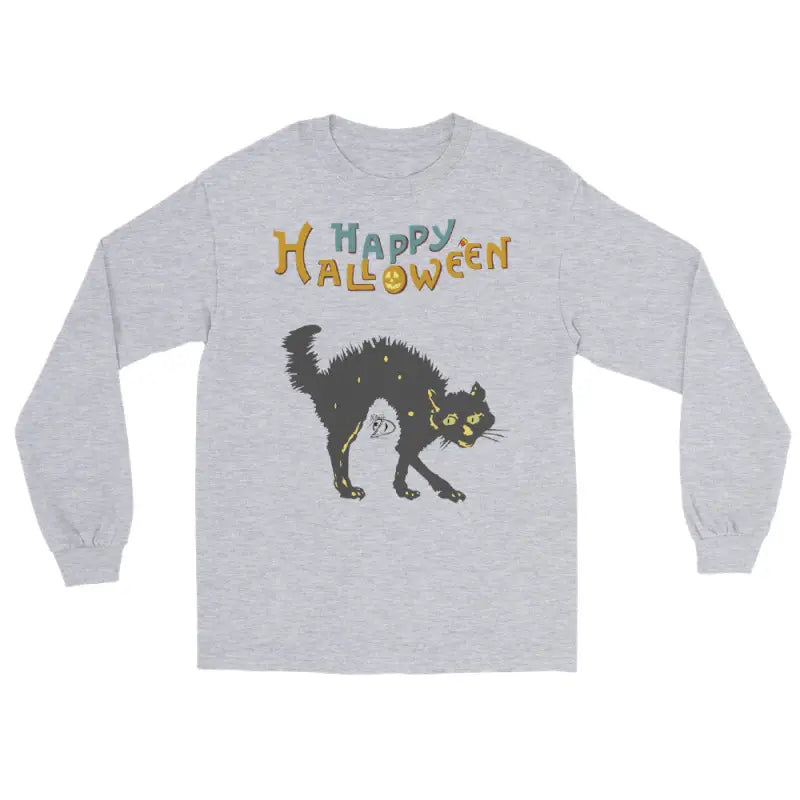 Gray long-sleeved shirt featuring a scary cat design for Halloween unisex wear