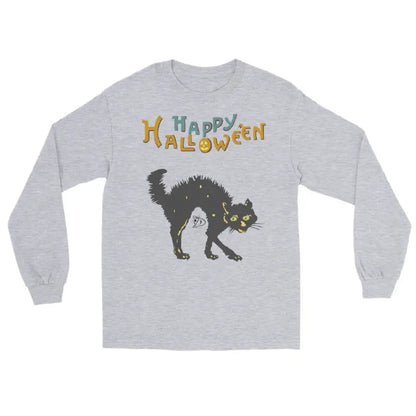 Gray long-sleeved shirt featuring a scary cat design for Halloween unisex wear