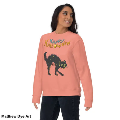 Peach-colored Halloween sweatshirt featuring Scary Cats & Chaos design for Halloween nights
