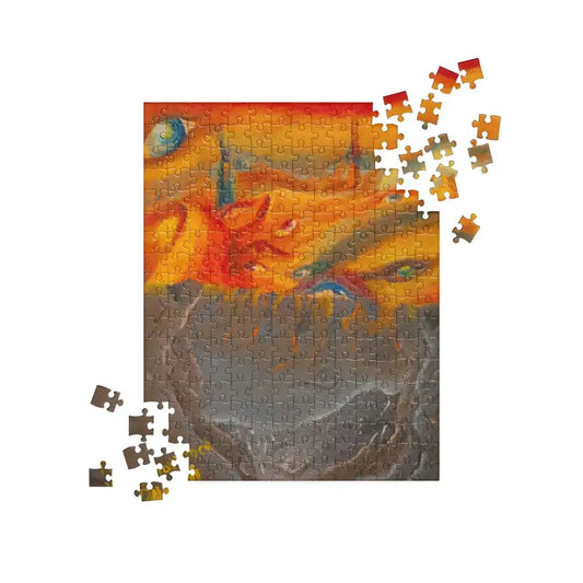 Partially completed jigsaw puzzle with vibrant sunset art and scattered pieces