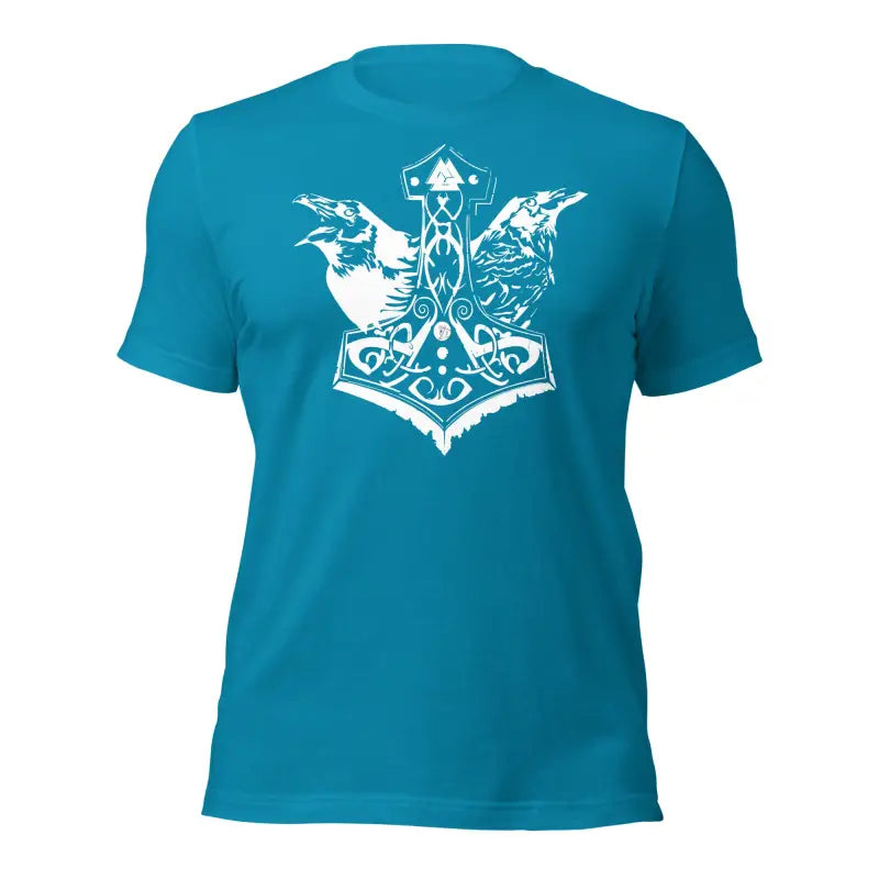 Teal t-shirt featuring white Mjölnir design with decorative ravens for ravens t-shirt fans