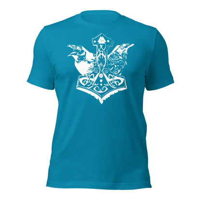 Teal t-shirt featuring white Mjölnir design with decorative ravens for ravens t-shirt fans