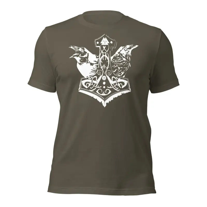 Olive green T-shirt with white Mjölnir and ravens, featuring Norse Thor’s hammer design