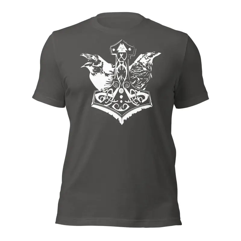 Dark grey t-shirt featuring white Mjölnir and ravens design inspired by Norse mythology