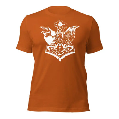 Orange t-shirt featuring white Mjölnir design with ravens for a stylish look