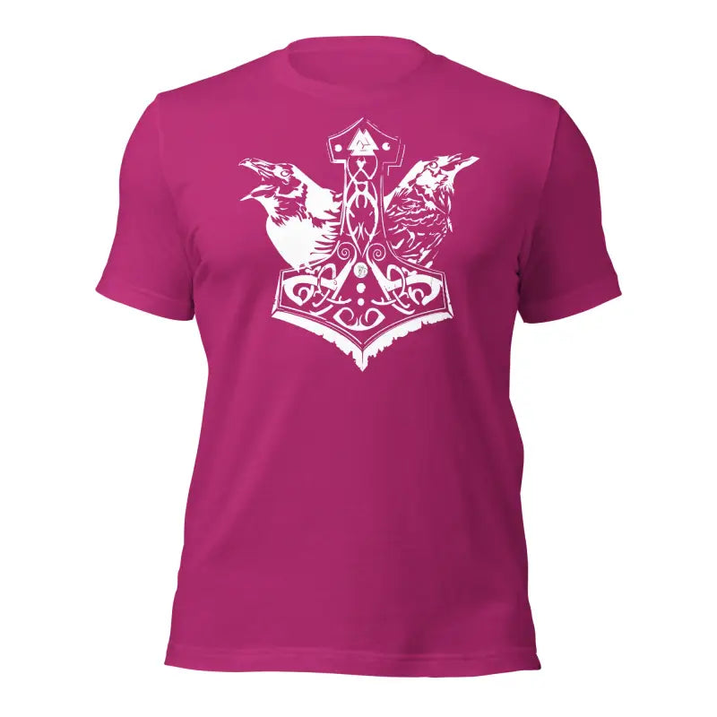 Pink Mjölnir & Ravens T-shirt featuring a white Thor’s hammer design with ravens