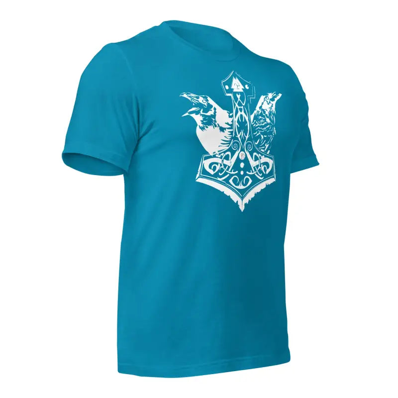 Turquoise t-shirt featuring a white decorative eagle crest design with Mjölnir & Ravens