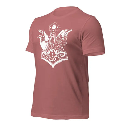 Mauve t-shirt with white Mjölnir design and ravens, showcasing Norse mythology