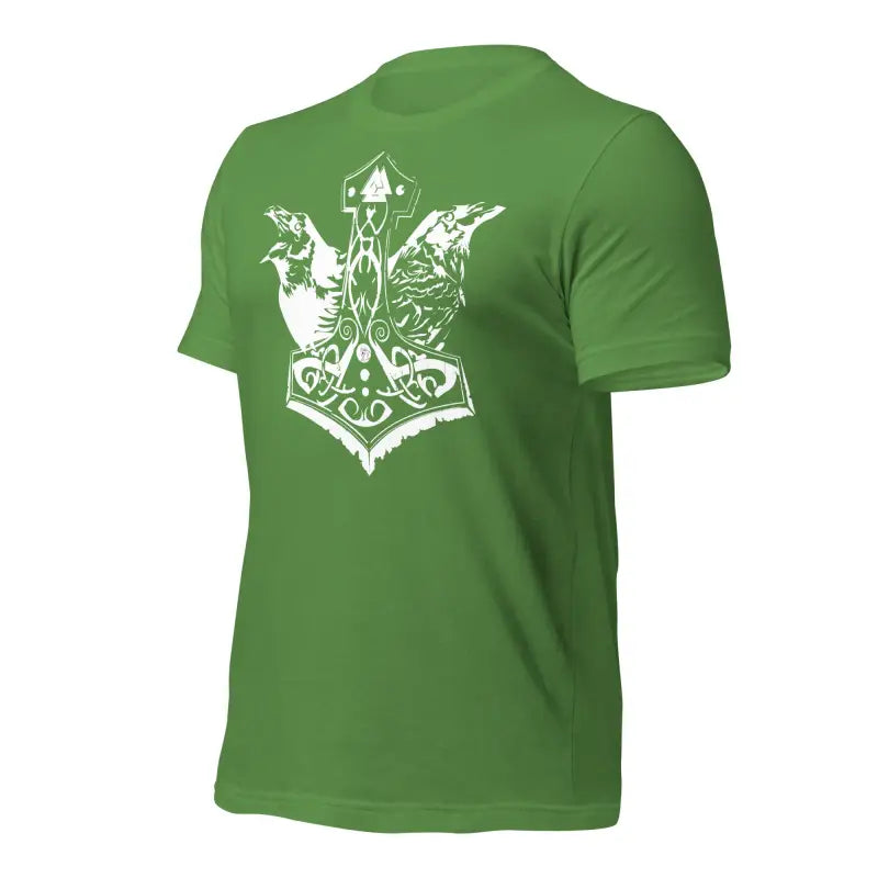 Green t-shirt featuring white Mjölnir design with ravens, perfect for Norse mythology enthusiasts