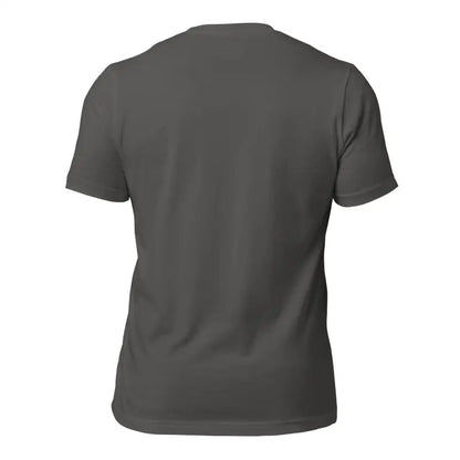 Plain dark gray t-shirt back view for Elegance of Odin’s Ravens on a White Mjölnir T-Shirt