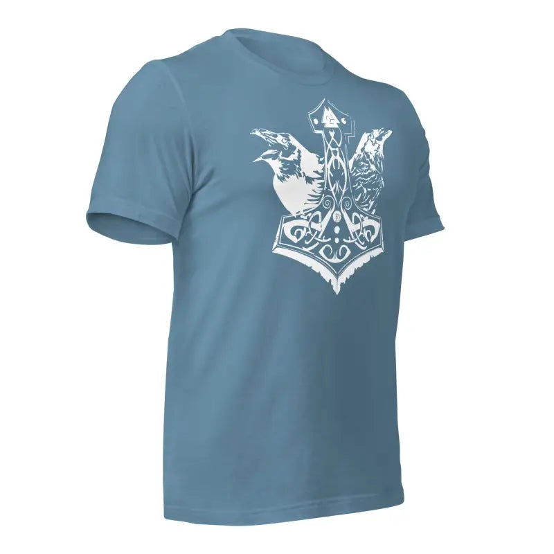 Blue t-shirt with a white ornate anchor design, part of the White Mjölnir collection