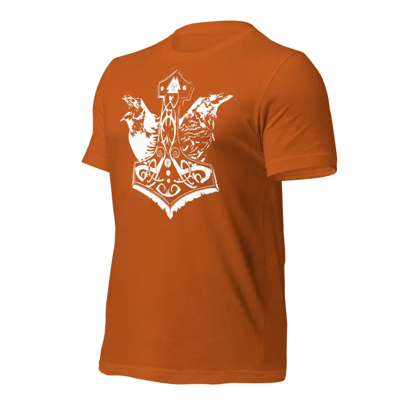 Orange t-shirt showcasing white Mjölnir design with ravens for Norse mythology fans