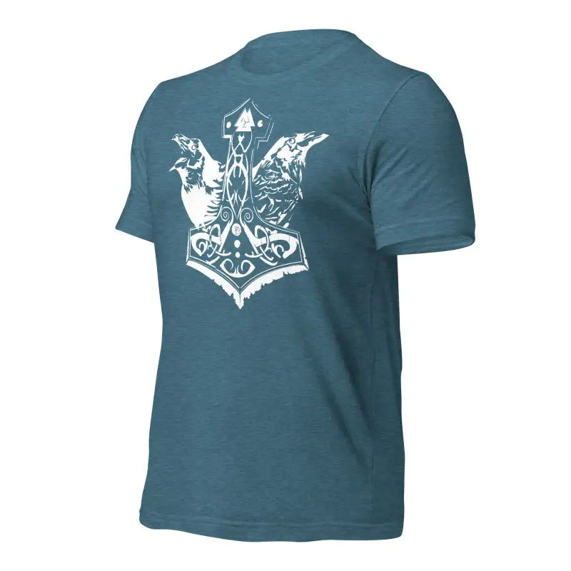 Teal t-shirt featuring white Mjölnir design with ravens motif for Nordic enthusiasts