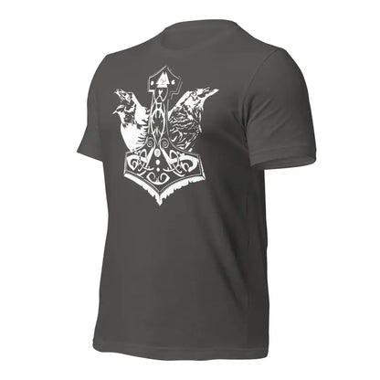 Dark gray t-shirt with white Mjölnir and ravens design, showcasing Norse mythology