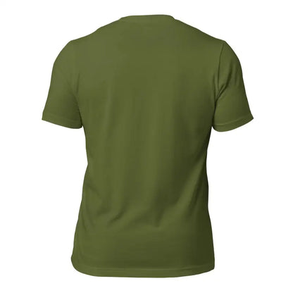 Olive green crew neck t-shirt back view featuring White Mjölnir and Ravens design