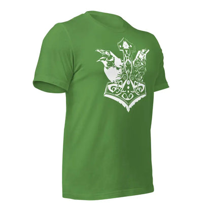 Green t-shirt featuring a white decorative crest design inspired by Mjölnir & Ravens