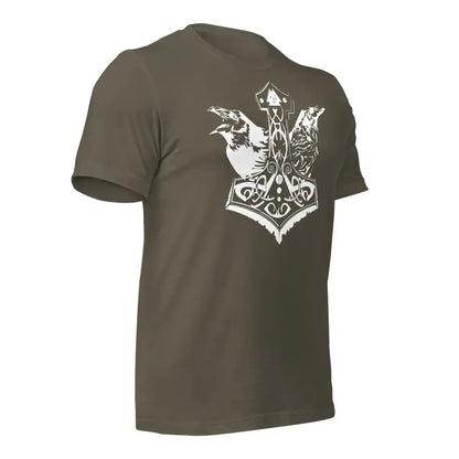 Olive green t-shirt featuring white eagle crest design from Elegance of Odin’s Ravens