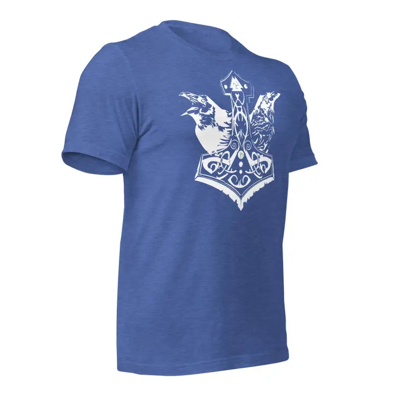 Royal blue t-shirt with white Norse-style anchor and decorative elements for Mjölnir & Ravens