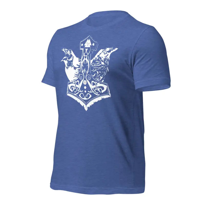 Blue t-shirt with white Mjölnir design, featuring Odin’s ravens and Norse mythology elements