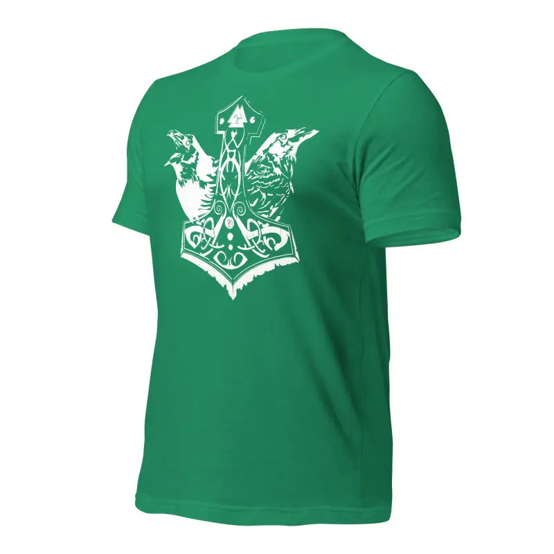 Green t-shirt featuring white Mjölnir and ravens design inspired by Norse mythology