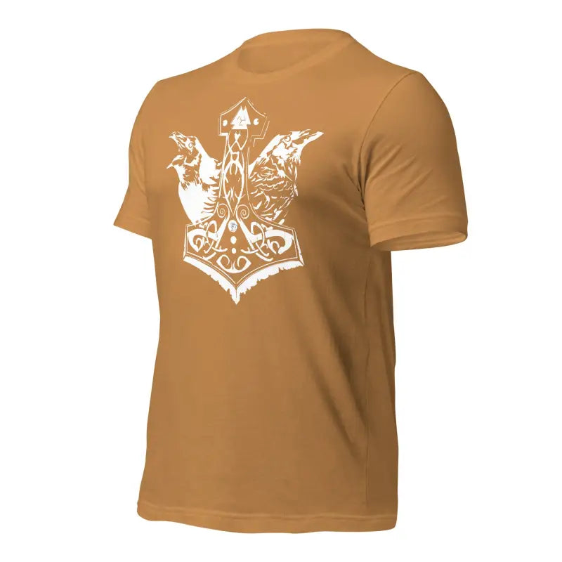 Brown t-shirt with white Mjölnir design and ravens, representing Norse mythology